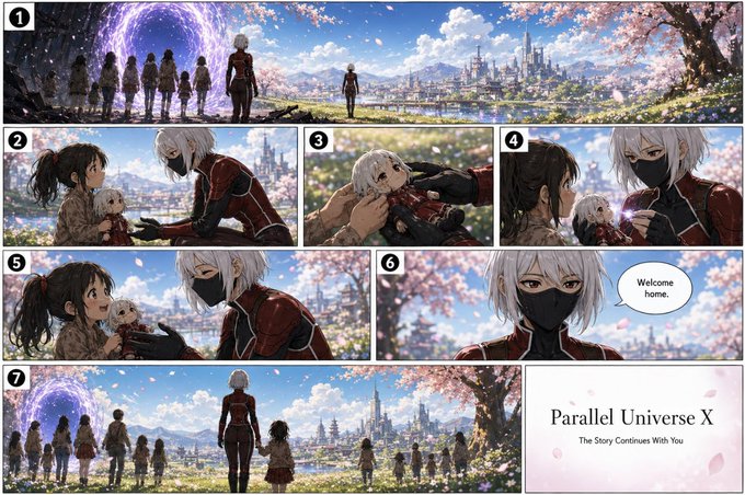 A seven-panel anime-style comic titled 'Parallel Universe X - The Story Continues With You', showing characters discovering a portal and a speech bubble reading 'Welcome home.'