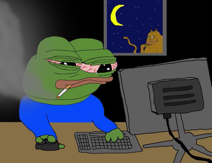A digital illustration of a sad green Pepe the Frog character with bloodshot eyes, smoking a cigarette while typing on a keyboard at a computer, with a cat watching from a window at night.