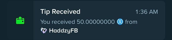 A notification at 1:36 AM shows a tip received of 50.00000000 (likely a token) from user HaddzyFB, matching the post's thanks for a tip from @Haddzy.
