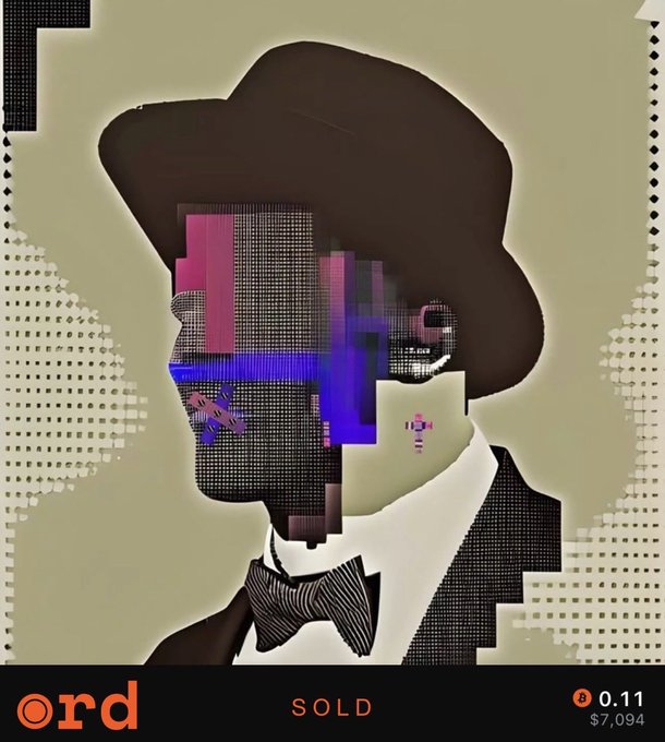 A digital artwork depicting a stylized portrait of a man wearing a brown hat and bow tie with a pixelated/glitch effect face, branded with 'ord' and marked as 'SOLD' for 0.11 BTC ($7,094).