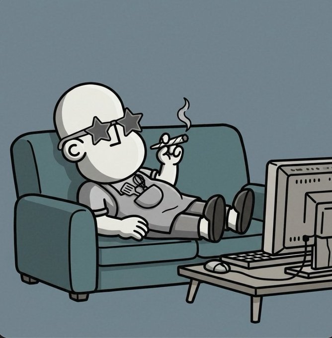 A cartoon illustration of a bald, featureless character wearing star-shaped sunglasses, lounging casually on a teal couch while smoking and watching TV.