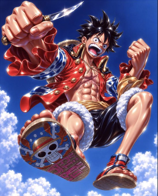 The image features Monkey D. Luffy from "One Piece" leaping through a cloudy blue sky, wielding a knife with a fierce expression while his signature straw hat and sandals are prominently displayed. This dynamic action shot parallels the post's bullish crypto sentiment, with Luffy's determined leap symbolizing the aggressive "locking in" of positions and rising gains mentioned by the trader.