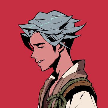 An anime-style portrait of a character with light blue hair against a red background, shown in profile.