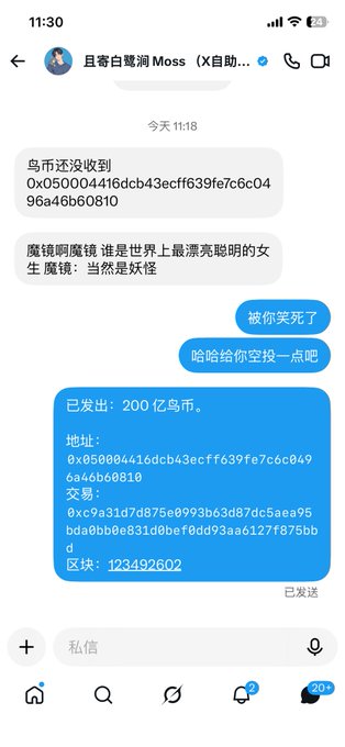 A Chinese chat conversation on a messaging app showing a user sending 200亿乌币 to address 0x050004f46dcb408ef639fe7c6c0496a46b60810 with transaction hash 0xc9a31d7d875e0993b63d87dc5aea95bda0bb0e831d0bef0dd93aae127f875bbd on block 123492602.