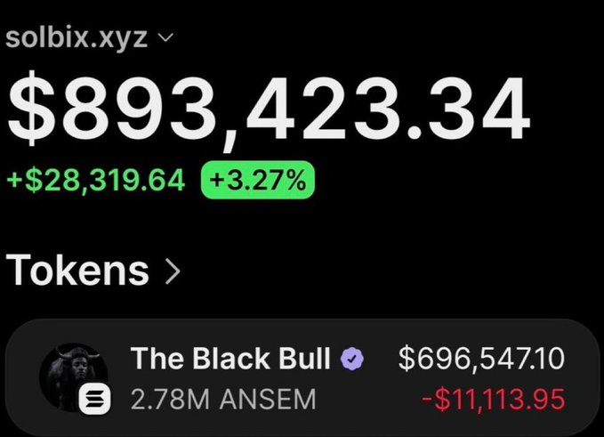 The image shows a portfolio screenshot from solbix.xyz displaying a total balance of $893,423.34 (+$28,319.64, +3.27%), with the largest holding being "The Black Bull" token (2.78M $ANSEM) valued at $696,547.10 (down -$11,113.95). This visually illustrates the post's claim of turning $29,000 into over $893,000 in profit through the $ANSEM token, showing the trader's remaining holdings and unrealized gains.