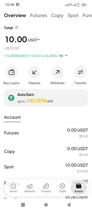 A screenshot of a WEEX crypto exchange mobile app showing an account Overview with a Total balance of 10.00 USDT (≈$10.00), reflecting a weekly gain of +10,027,616.05%. This visually confirms the $10 giveaway reward mentioned in the post, displayed across the Spot, Futures, Copy, and Funding account sections.