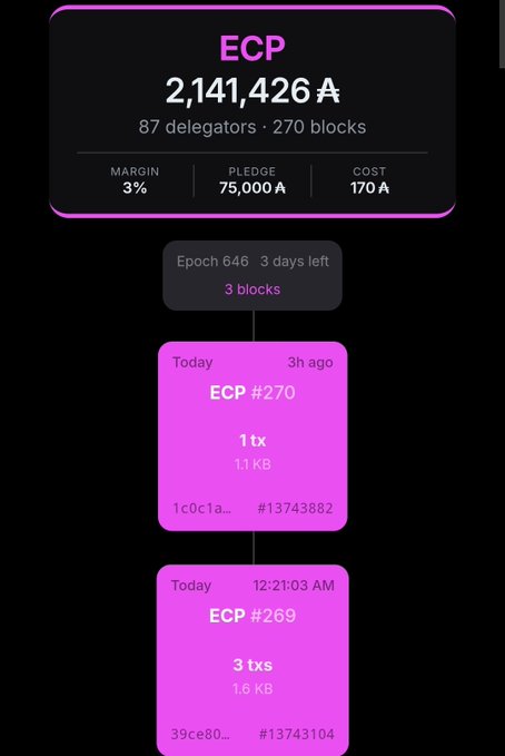 Blockchain stats screen showing ECP with 2,141,426 balance, 87 delegators, 270 blocks, and recent ECP #270 and #269 blocks.