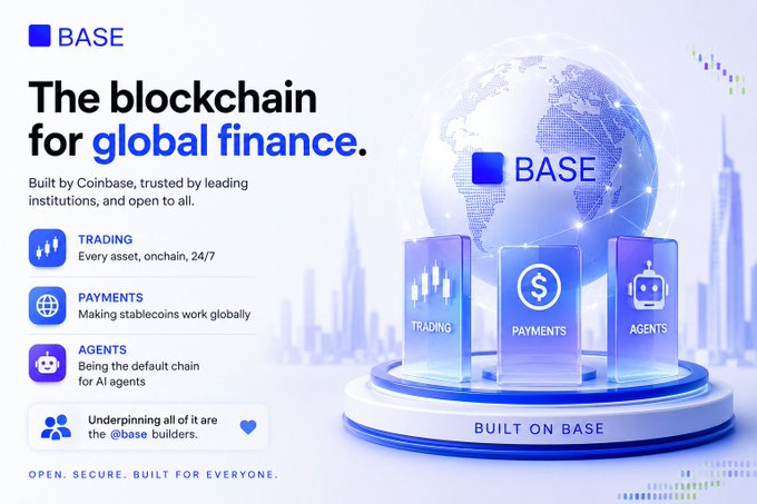 A promotional graphic for Base blockchain features the headline "The blockchain for global finance" with key offerings—Trading, Payments, and Agents—displayed on a futuristic globe and platform setup, aligning with the post's emphasis on 24/7 onchain asset trading and global stablecoin payments.