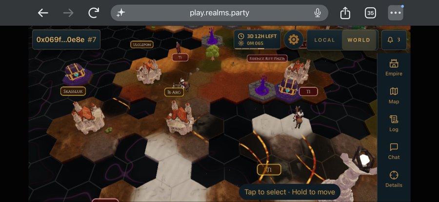 A screenshot of a mobile web browser showing a hexagonal strategy game at play.realms.party with various bases, characters, and interface buttons like 'Empire', 'Map', 'Log', and 'Chat'.