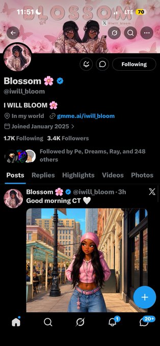 Twitter profile for 'Blossom 🌸' (@iwill_bloom) with 3.4K followers, showing a posted AI-generated image of a woman in a pink outfit on a city street.