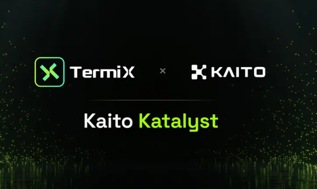 A graphic displaying "TermiX x KAITO" logos above the text "Kaito Katalyst" against a dark background with green particle effects.