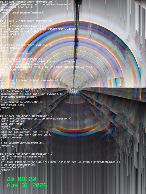 A distorted, glitch-art style image featuring C++ code overlaid on a warped, rainbow-colored circular pattern, with a timestamp reading "am 09:20 Aug 31 2026" in green at the bottom.