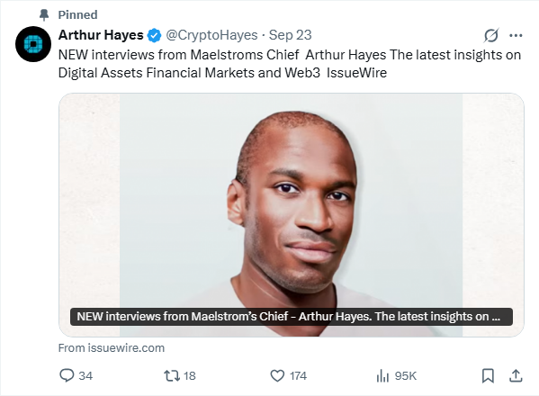 A screenshot of a pinned X (formerly Twitter) post by Arthur Hayes (@CryptoHayes) from September 23rd, linking to new interviews about digital assets and Web3, complete with a profile picture of a man.