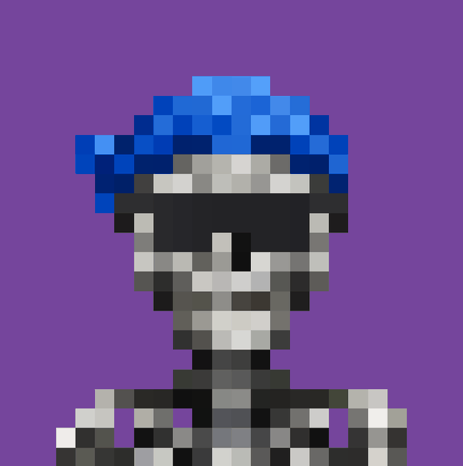 A pixel art character with a blue spiky hairstyle and dark sunglasses against a purple backdrop. The reference to supply cuts and minting appears unrelated to the image itself, suggesting the post may have been shared with the wrong visual.