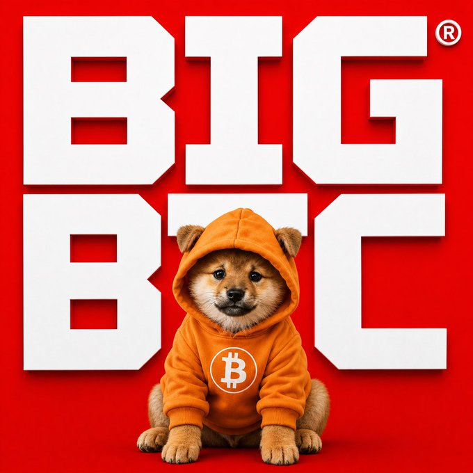 A promotional graphic features a Shiba Inu dog wearing an orange hoodie with the Bitcoin '₿' logo, sitting in front of bold white 'BIG BITC' text on a bright red background.