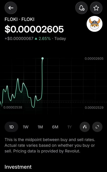 A Revolut app screenshot showing the FLOKI cryptocurrency price at $0.00002605, up 2.65% today, with a 1D chart displaying price fluctuations.