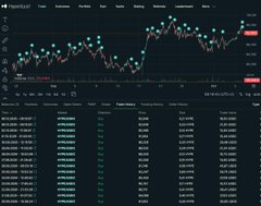 Dark-themed cryptocurrency or stock trading chart interface featuring a candlestick price graph at the top and a detailed list of positions or trades below.