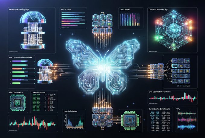 The image presents a complex network diagram featuring various components and processes related to technology, including butterfly-shaped elements symbolizing quantum annealing or optimization problems, data analysis graphs, and circuit boards showing hardware monitoring and performance improvement techniques.