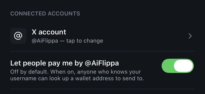 A dark-themed settings interface showing a 'CONNECTED ACCOUNTS' section with an 'X account' linked to '@AiFlippa', and a toggle switch enabled for the option 'Let people pay me by @AiFlippa'.