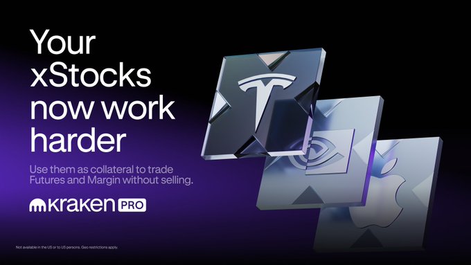 A Kraken Pro advertisement showing stacked 3D metallic blocks featuring Tesla, NVIDIA, and Apple logos alongside the text "Your xStocks now work harder — Use them as collateral to trade Futures and Margin without selling," promoting the platform's new feature allowing users to use xStocks like $SPYx, $NVDAx, and $TSLAx as collateral rather than selling them.