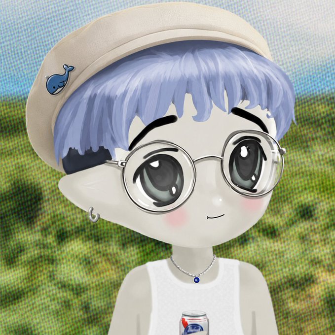 A stylized 3D animated character with light blue hair, round glasses, a beige cap with a whale pin, and a white tank top stands in front of a checkered grass and sky background.