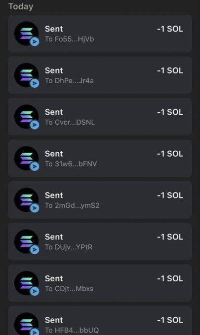 A mobile wallet transaction history showing multiple 'Sent' transactions of -1 SOL each to various recipient addresses.