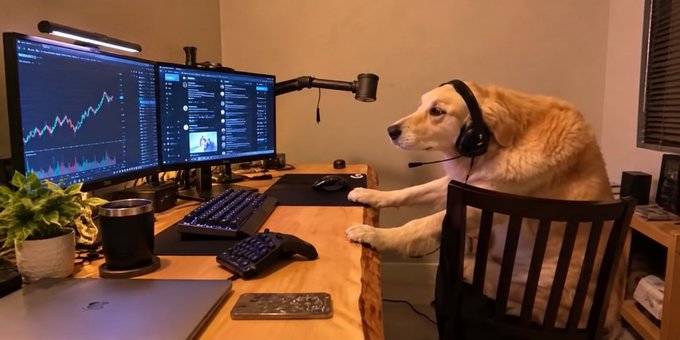 A golden retriever wearing headphones sitting at a desk in front of computer monitors displaying stock market charts.