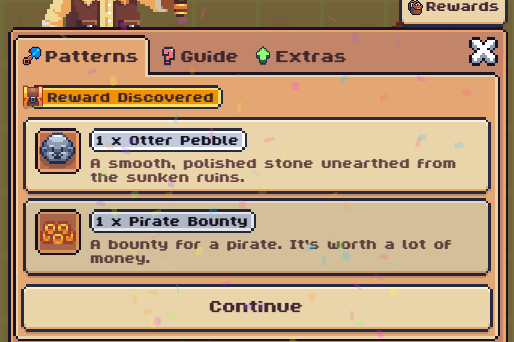 A pixel art game interface showing a 'Reward Discovered' screen with items including 1x Otter Pebble and 1x Pirate Bounty, with tabs for Patterns, Guide, and Extras.