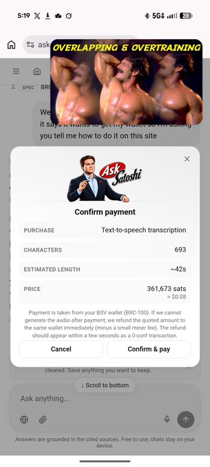 A mobile app screenshot titled 'Ask Satoshi' showing a text-to-speech transcription purchase confirmation for 361,673 sats, with an ad for 'OVERLAPPING & OVERTRAINING' visible in the background.