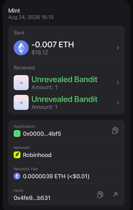 A cryptocurrency wallet transaction record on Mint from Aug 24, 2026 shows a sent transaction of -0.007 ETH ($18.12) and two received 'Unrevealed Bandit' items, processed via the Robinhood network.