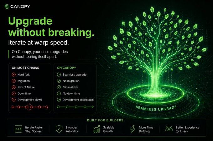 A promotional graphic for Canopy blockchain featuring a glowing green tree and text reading 'Upgrade without breaking. Iterate at warp speed,' highlighting seamless chain upgrades versus traditional hard forks and migration risks.