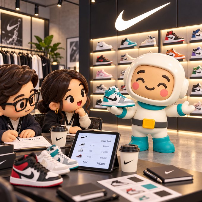 A 3D animated scene showing cartoon characters at a Nike store counter, with a mascot character presenting a sneaker alongside an order screen displaying a total of $45,000.