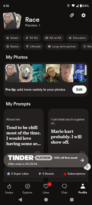 A Tinder profile screenshot for 'Race' from Salem, NA, showing tags like '5ft 9in', 'Education', 'Basics', 'Lifestyle', and 'Long-term partner', along with prompt answers and a Tinder Platinum 50% off offer.