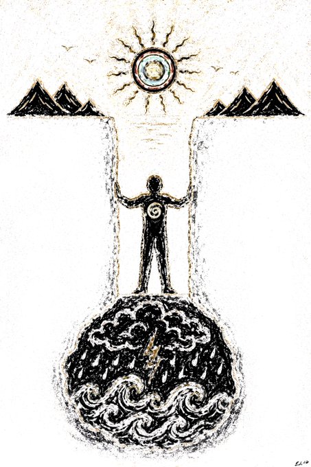A black-and-white artistic illustration depicting a figure with a spiral on its chest standing on a cloud of rain, arms outstretched holding waterfalls, with a sun and mountains in the background.