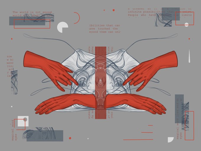 The image features an abstract design rendered in a digital style, containing various lines of color and shapes against a grey background that has been edited with a red outline to make the elements stand out more. It appears as if a pair of hands are reaching across each other from one end towards the top of the frame, creating a sense of unity between these two abstract pieces. The post includes text, such as "The world is not worth waiting for", which can be seen in some parts of the image and others around it.