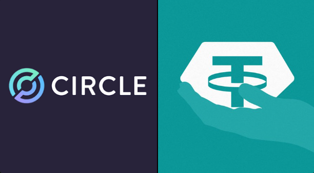 The image shows a split graphic featuring the Circle logo (with its distinctive purple and green "C" symbol and "CIRCLE" text) on a dark background on the left, alongside a hand holding the Tether (USDT) coin logo on a teal background on the right—visually representing the two major stablecoin issuers central to the legal dispute described, where Circle allegedly banned the Heha fund from minting USDC after accusing it of exploiting arbitrage opportunities during the SVB crisis to convert billions into Tether.