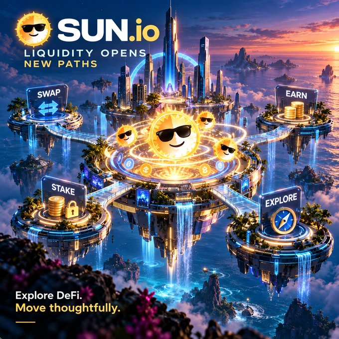 A vibrant promotional graphic for 'SUN.io' advertises DeFi features with the tagline 'LIQUIDITY OPENS NEW PATHS' and 'Explore DeFi. Move thoughtfully.', showcasing floating islands labeled SWAP, EARN, STAKE, and EXPLORE.