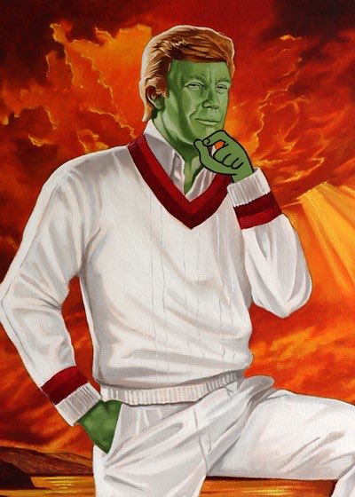 A painted portrait shows a man with green skin wearing a white cricket sweater with red trim, posing thoughtfully against a fiery orange and red sky.