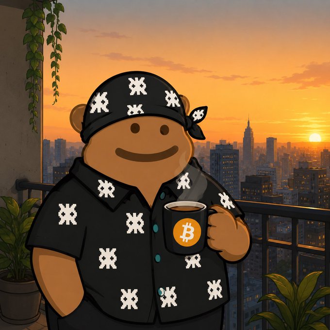 An illustrated brown cartoon character wearing a black bandana and a patterned shirt, holding a black mug with an orange Bitcoin symbol, set against a city skyline at sunset.