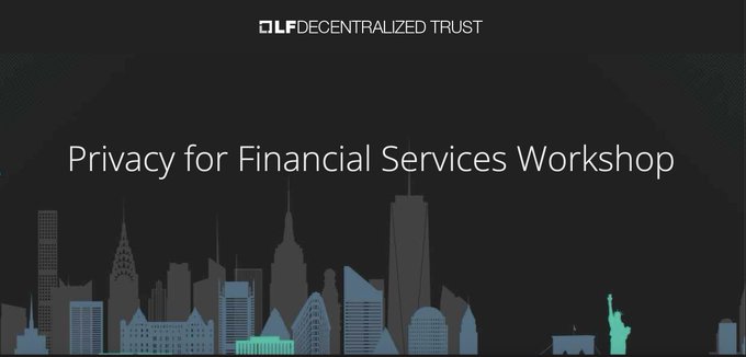 A dark promotional banner for the “Privacy for Financial Services Workshop,” featuring the “DLF DECENTRALIZED TRUST” logo and a stylized New York City skyline. It highlights Hashgraph sessions, including Rohit Sinha’s talk, “Designing a Bridgeless Cross-Ledger Protocol,” on CLPR cryptography.