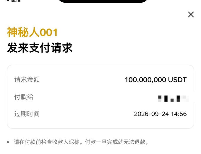 A payment request from “神秘人001” asks for a staggering **100,000,000 USDT**, expiring on **2026-09-24 14:56**. It illustrates the post’s disbelief at being hit with an unfathomable “zero-plus” amount.