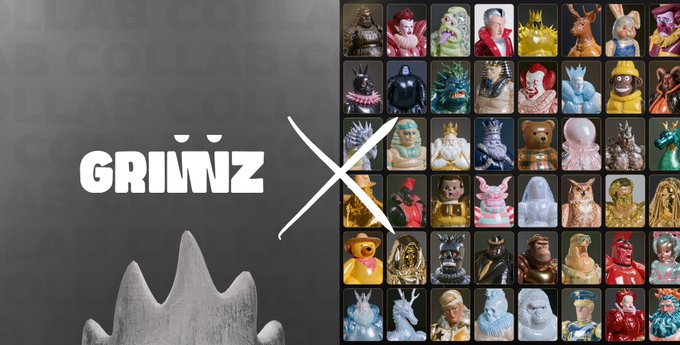 A promotional graphic reading 'GRIMZ' next to a large X, with a grid of 40 colorful NFT character figurines on the right and 'COLLAB' text watermarked in the background.