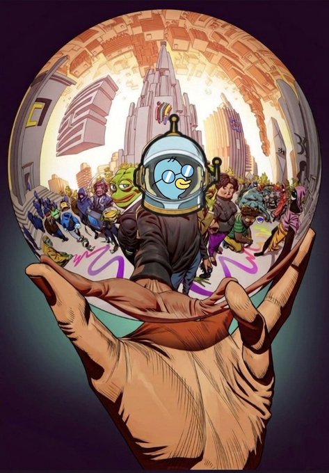Colorful comic-style illustration showing a hand holding a snow globe containing cartoon characters and a futuristic cityscape with a central figure in a space helmet.