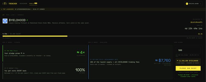 A screenshot of the Trencher bonding curve platform showing the $YIELDHOOD token with a market cap of 9.75K and 50,000 STH purchased, displaying a 4x return for token stakers and 10% of launch supply allocated to STH trading fees, corresponding to the post discussing rapid token launches on Virtuals.
