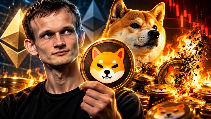 A composite image showing Vitalik Buterin holding a Shiba Inu (SHIB) coin, with a Shiba Inu dog and stacks of SHIB tokens engulfed in fire, visually representing the post's story about Vitalik Buterin receiving 50% of the SHIB supply from the token's anonymous creators and subsequently burning billions of dollars worth of the tokens.