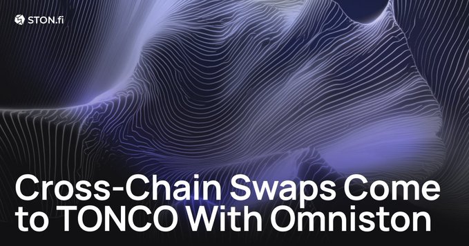 Promotional graphic with a dark purple abstract background featuring the STON.fi logo, announcing 'Cross-Chain Swaps Come to TONCO With Omniston.'