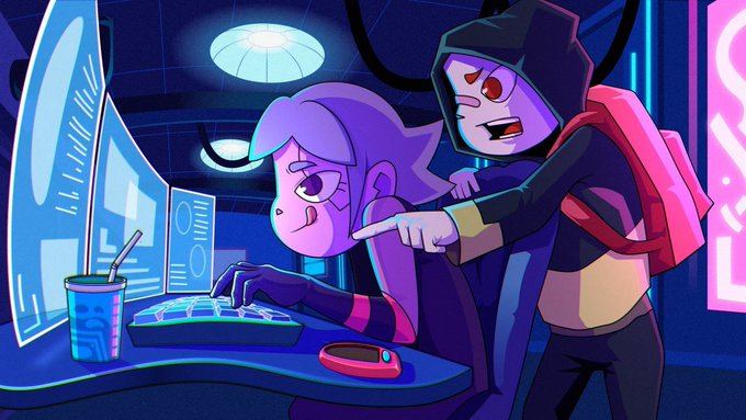 A cartoon illustration of two characters in a dark room with computer screens; one with purple hair sits at a keyboard while a hooded character with red eyes points and laughs at the screen.