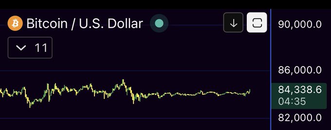 A candlestick chart displays Bitcoin/U.S. Dollar trading around $84,338.6 at 04:35, with the price fluctuating between the 82,000 and 90,000 levels.