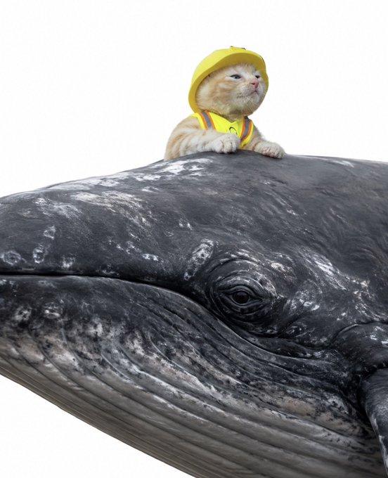 A tiny kitten dressed in a yellow construction hard hat and safety vest sits atop the head of a massive gray whale, playfully illustrating the "whale" theme of the chat group. The image cleverly visualizes the concept of crypto "whales" (large holders) alongside the $SUE token's mascot.