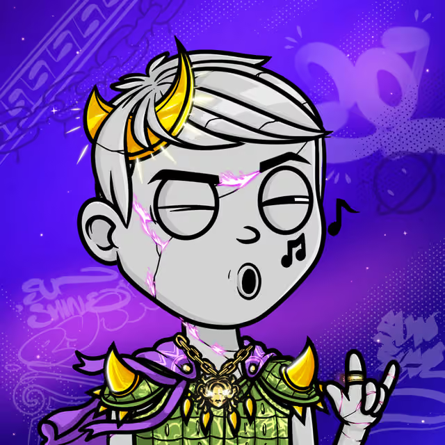 A cartoon-style illustration of a gray-skinned character with glowing eyes singing, wearing a spiked green outfit against a purple background.